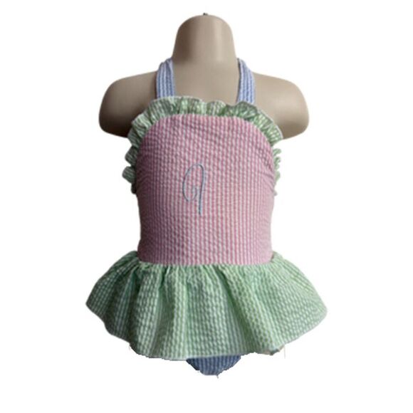 Seersucker Halter Pink, Green, Blue A Monogram Swimsuit Size 6 Months - Picture 7 of 8